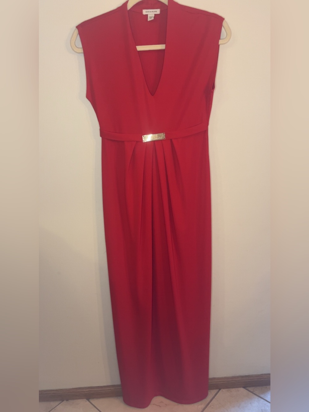 Boston Proper Red V-Neck Sleeveless Maxi Dress with Gold Waist Accent